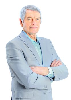 Closeup portrait of a smart senior man smiling on white background