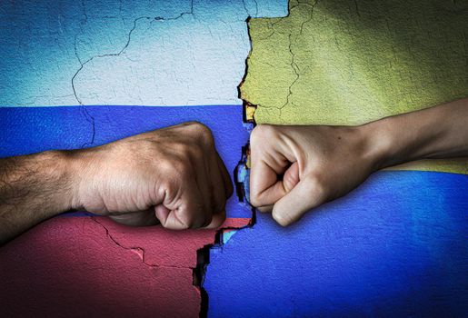 Russia vs Ukraine Two fists bumping, Russia vs Ukraine political conflict, Russia vs Ukraine flag, Russia vs Ukraine concept