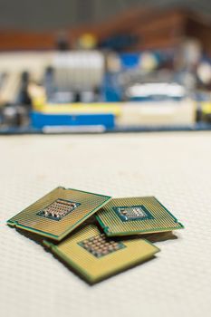 isolated computer microprocessors, three computer processors with one computer motherboard, computer processor concept