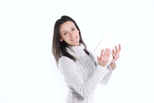 close up.modern young woman with digital tablet .isolated on white background.