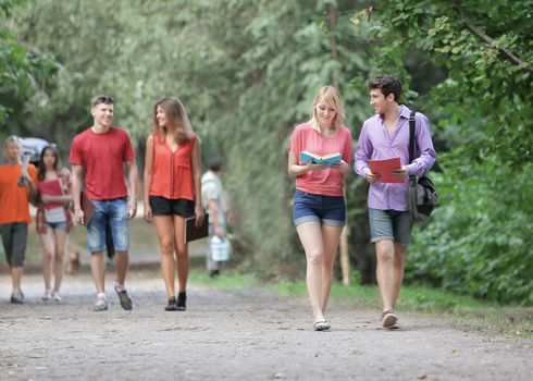 group of College students walking together in the Park.