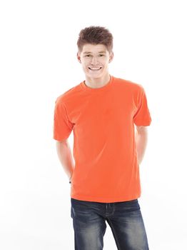 smiling modern guy in an orange shirt.isolated on a white background