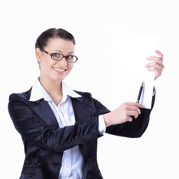 closeup.friendly business woman showing with pencil on the blank sheet. isolated on a white background