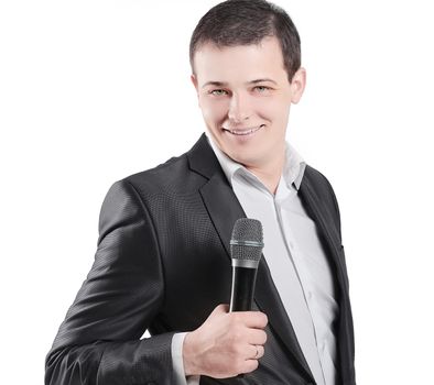 young speaker with a microphone.isolated on white background.