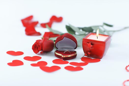 burning candle and red rose on white background.photo with copy space.
