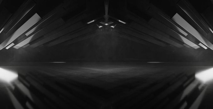 Moody Gloomy Basement Hangar Corridor Warehouse Club Dance Studio Showroom With Light And Smoke Ghostly Charcoal Banner Background Wallpaper 3D Render