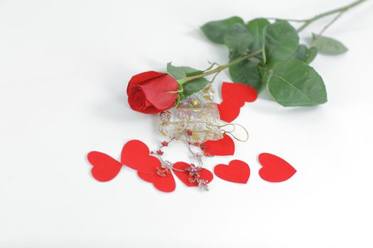 red rose, jewelry and red hearts on white background.