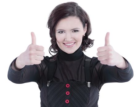 closeup.modern business woman showing thumb up . isolated on white