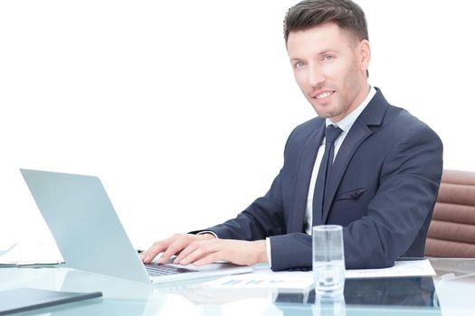 businessman communicating on the Internet with the client on a white background . in the photo there is an empty seat for your text