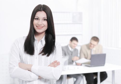 portrait of a woman Manager on the background of the office.photo with copy space