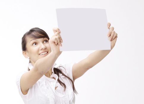 closeup. business woman showing poster with the word help. isolated on white background