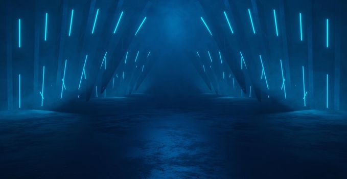 Breathtaking Dystopian Mysterious Cinematic Smoke Bright Blue Cyberspace Background Interior Metal Mesh Corridor Background Wallpaper 3D Illustration