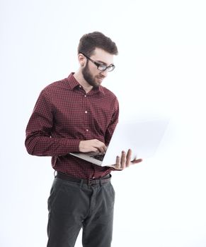 system administrator with a laptop against white background.the photo has a empty space for your text