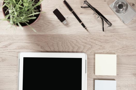 top view.office supplies on wooden background.photo with copy space.