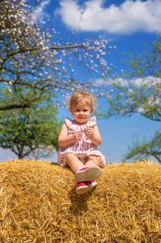 The child is sitting on a pile of hay. Selective focus. Nature.