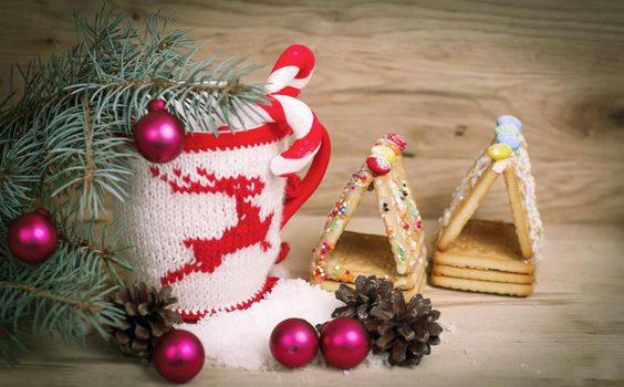 beautiful Christmas Cup on a wooden table.photo with space for text
