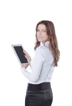 close up.modern business woman using a digital tablet. isolated on white.photo with copy space.
