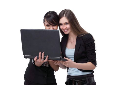 two successful employees looking at laptop screen.photo with copy space.