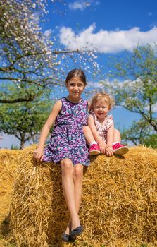 The child is sitting on a pile of hay. Selective focus. Nature.