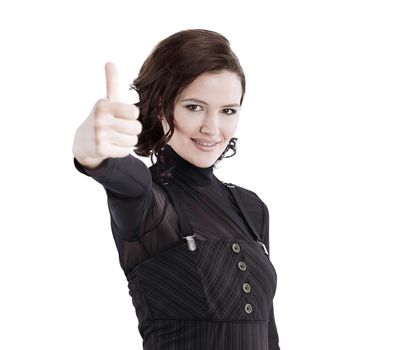 closeup.modern business woman showing thumb up . isolated on white