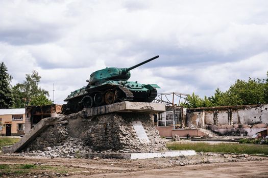 War in Ukraine. Destroyed tank on the central square in the city of Trostyanets liberated from the Russians. Russia's military invasion of Ukraine