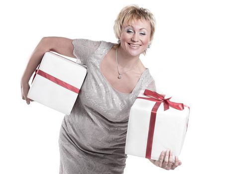 closeup.beautiful woman with gift boxes.isolated on a white background