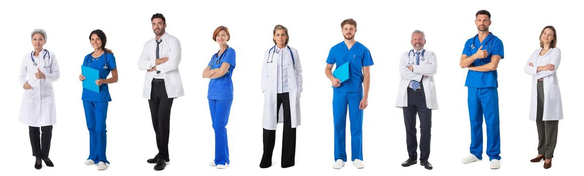 Medical doctor nurse set, heathcare workers, set of full length portraits isolated on white background