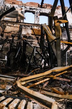 Destroyed and burnt civilian houses and shops in the town of Trostyanets. Sumy region. Civil buildings. Russian military invasion of Ukraine