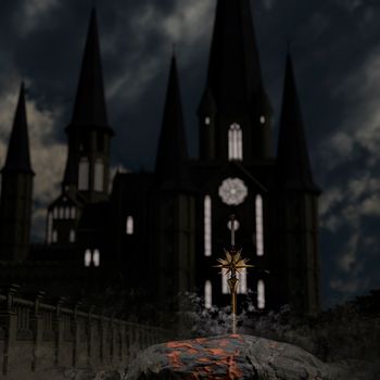 Sword in the stone, against the backdrop of a castle - 3d rendering