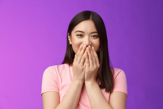 Amused cheerful lovely asian girlfriend blushing happily, hold hands on mouth giggle joyfully, thankful receive cute compliment, stand purple background upbeat, laughing carefree. Copy space