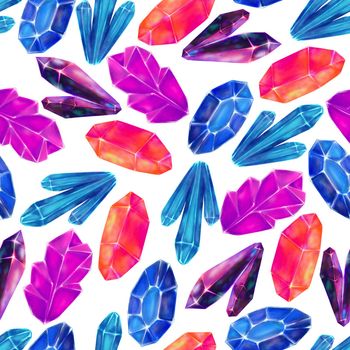 Bright colorful glowing crystals seamless pattern. Colourful surface texture with hand drawn watercolor amethyst gemstones.
