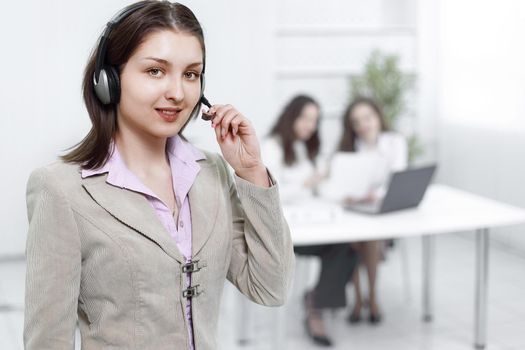 female operator call center in the background of the office.photo with copy space