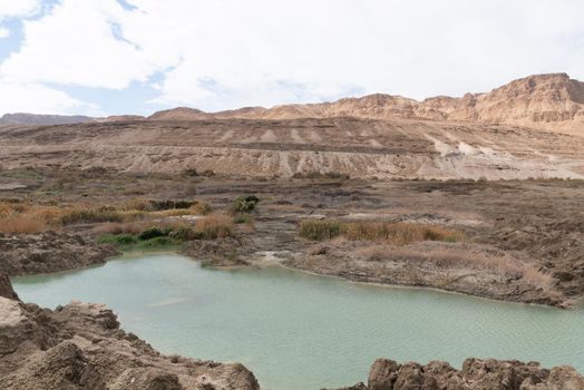 Sinkhole filled with turquoise water, near Dead Sea coastline. Hole formed when underground salt is dissolved by freshwater intrusion, due to continuing sea-level drop. . High quality photo