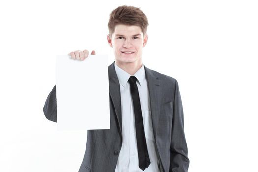 young businessman showing a blank sheet.isolated on a white background