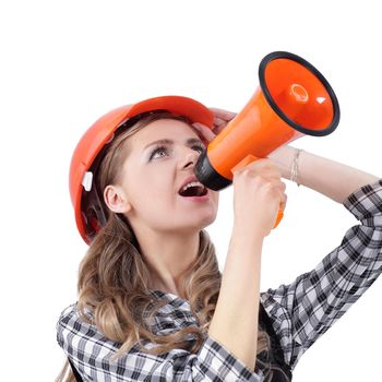 young woman engineer with a megaphone .isolated on white. photo with copy space