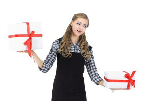 young business woman with gift boxes.isolated on white. photo with copy space