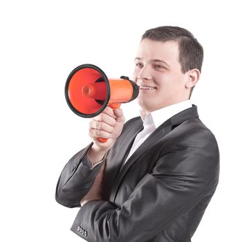 confident young businessman with megaphone.isolated on white.