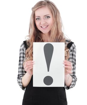 young business woman showing exclamation mark.isolated on white background