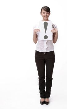 closeup. business woman showing exclamation mark . isolated on white background