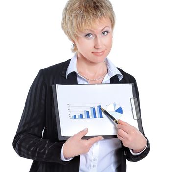 closeup.business woman showing graph on financial. isolated