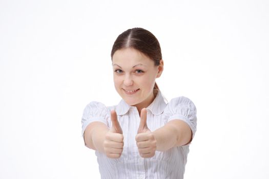 young woman employee showing showing thumbs up. isolated on white