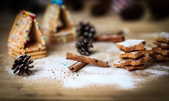 Christmas table. cookies and cinnamon sticks on a blurry background .photo with copy space