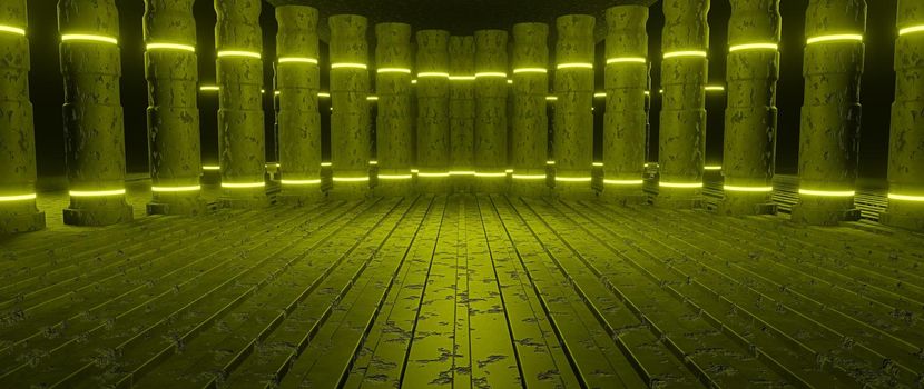 Futuristic Concrete Cement Panels Underground Tunnel Lighted Dark Brown Illustrative Banner Background Wallpaper Pedestal Concept 3D Rendering