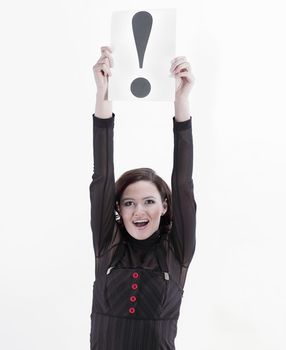 young business woman holding a sheet with exclamation mark. isolated on white