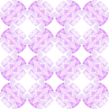 Watercolor ikat repeating tile border. Purple vibrant boho chic summer design. Textile ready trending print, swimwear fabric, wallpaper, wrapping. Ikat repeating swimwear design.
