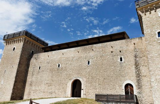 Spoleto , Italy , 29 May 2022 , medieval fortress Rocca Albornoziana  overlooking the historic center of Spoleto , Umbria , Italy