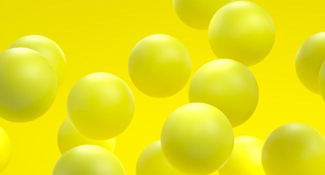 Yellow spheres. 3D illustration of balls. Yellow background with 3d bubbles. Colorful yellow fresh design concept. Banner or flyer juicy fruits background. Decoration elements for design
