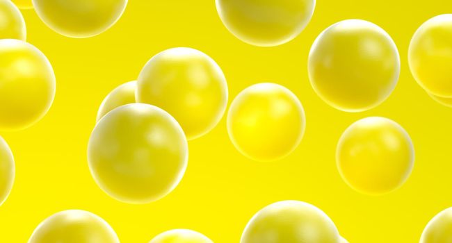 Yellow background with 3d bubbles. Yellow spheres. 3D illustration of balls. Colorful yellow fresh design concept. Banner or flyer juicy fruits background. Decoration elements for design