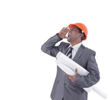 handsome engineer architect shouting.isolated on white background