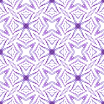 Textile ready admirable print, swimwear fabric, wallpaper, wrapping. Purple beauteous boho chic summer design. Ikat repeating swimwear design. Watercolor ikat repeating tile border.
